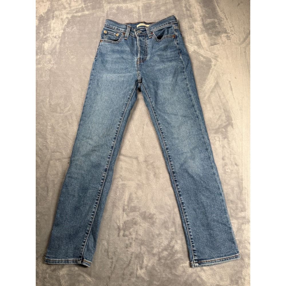 Levi's Wedgie Straight Jeans Women 25 Blue Medium Wash Denim Whiskering Mid Rise